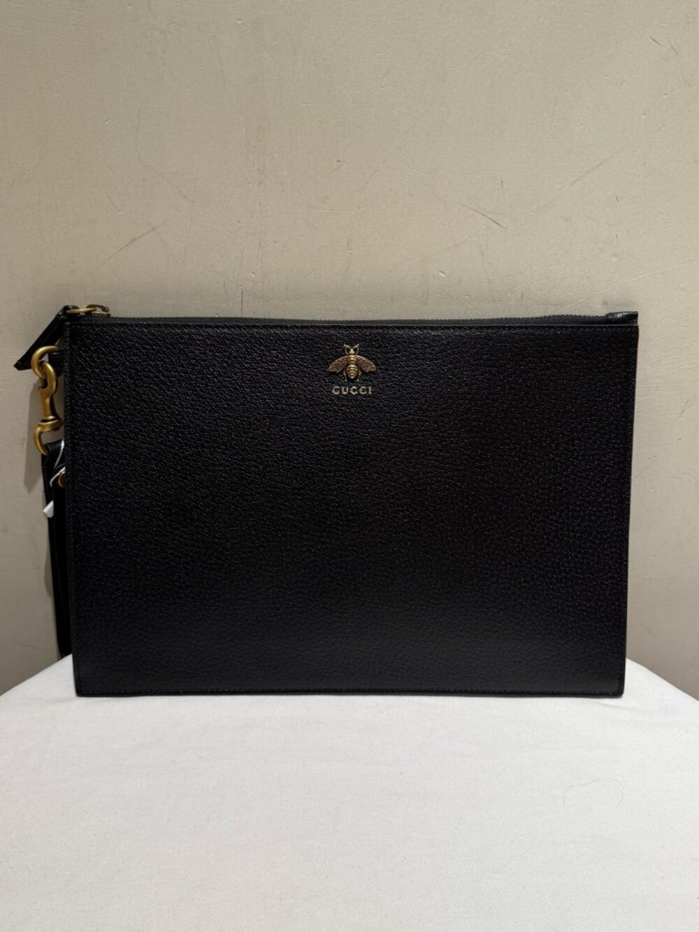 Gucci Black Grain Leather Clutch with Gold Bee Logo